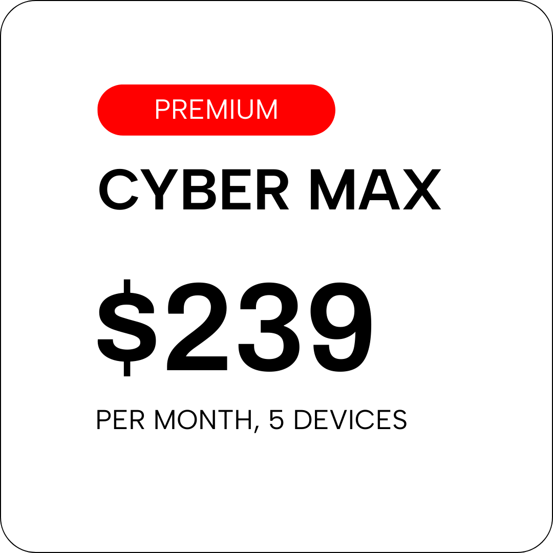 CYBER MAX
$239/month for up to 5 devices
Full-scale protection for growing teams — flexible, powerful, and built to scale.